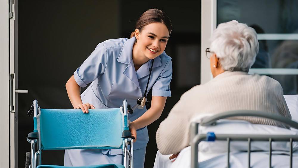 A nurse assists an elderly woman in a wheelchair, providing support and care in a compassionate manner.